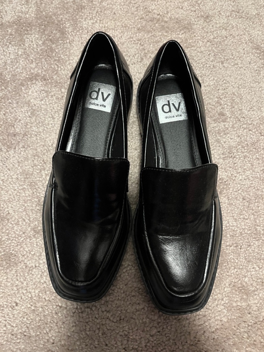 DV by Dolce Vita Black Leather Square-Toe Slip-On Loafers